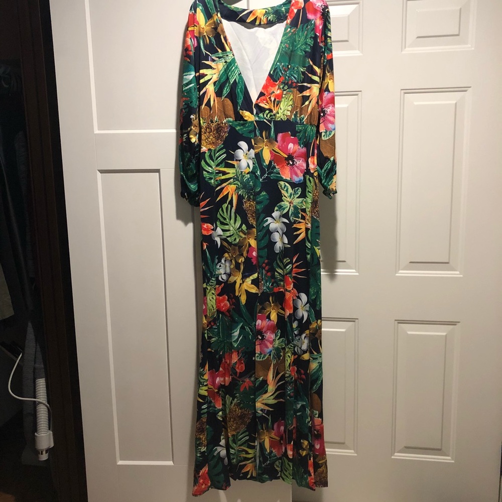 Full Length, Deep V Neck, Bright Floral Dress NWOT
